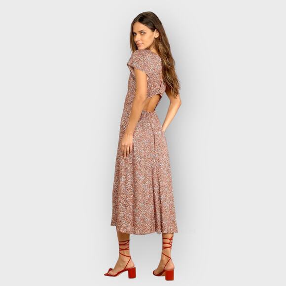 Lulus Cutout Midi Dress Small Burgundy Ditsy Floral Cap Sleeve Cottagecore - Picture 8 of 12